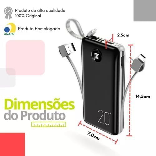 Power Bank Carregador Portátil 20.000mAh Digital compatível com iPhone, Samsung, Motorola, Nokia, Asus e Xiaomi Universal Celular Power Bank 3em1-Vende Mais (Preto/Vermelho)