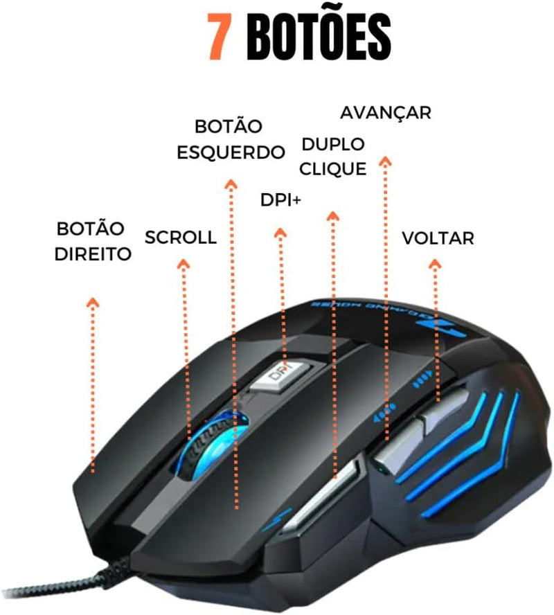 Mouse Gamer Anúbis 7 Botões 32000 DPI Ajustável LED RGB Alta Precisão e Velocidade Jogos Trabalho Estudos Cabo Reforçado Super Rápido Ergonômico Antideslizante Clique Duplo Premium - Preto