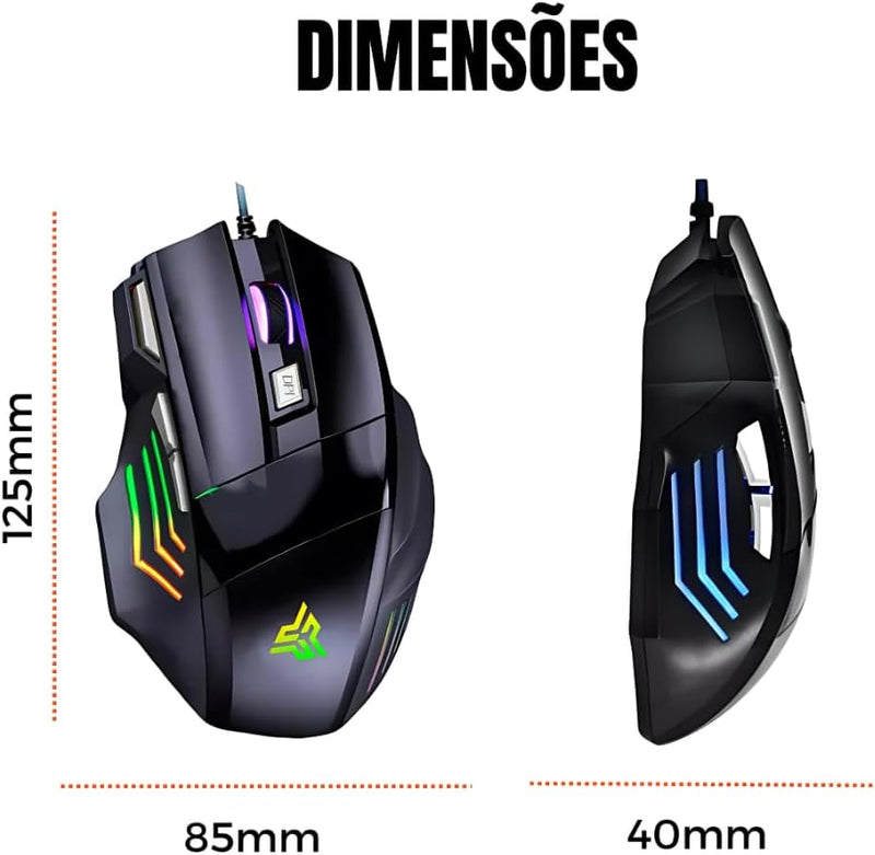 Mouse Gamer Anúbis 7 Botões 32000 DPI Ajustável LED RGB Alta Precisão e Velocidade Jogos Trabalho Estudos Cabo Reforçado Super Rápido Ergonômico Antideslizante Clique Duplo Premium - Preto