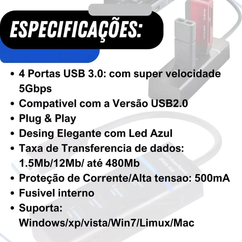 Expansor Hub USB 3.0 4 Portas Super Led Rápido 5Gbps Para Notebook Teclado Mouse HD Pen Drive Impressora