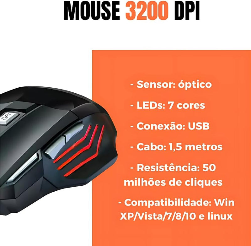 Mouse Gamer Anúbis 7 Botões 32000 DPI Ajustável LED RGB Alta Precisão e Velocidade Jogos Trabalho Estudos Cabo Reforçado Super Rápido Ergonômico Antideslizante Clique Duplo Premium - Preto