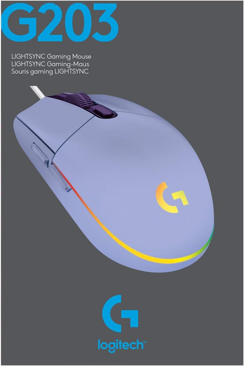 Mouse Gamer Logitech G203 LIGHTSYNC RGB, Efeito de Ondas de Cores, 6 Botões Programáveis e Até 8.000 DPI - Lilás