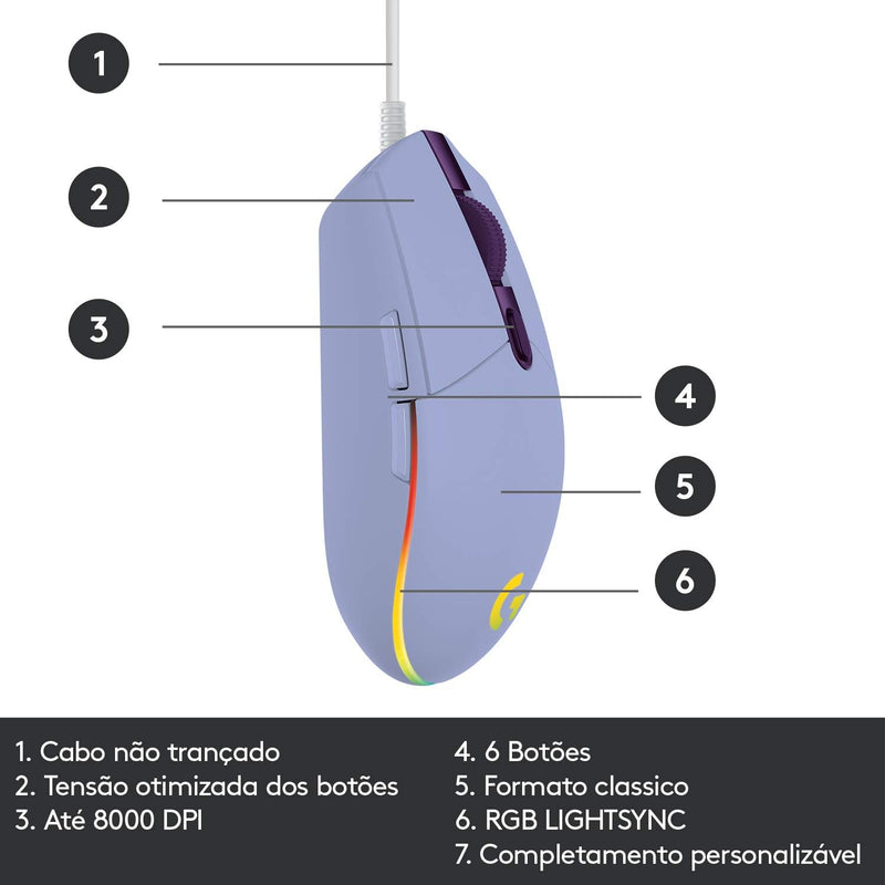 Mouse Gamer Logitech G203 LIGHTSYNC RGB, Efeito de Ondas de Cores, 6 Botões Programáveis e Até 8.000 DPI - Lilás