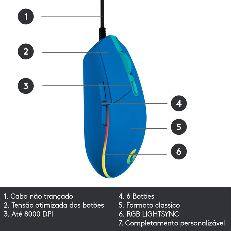 Mouse Gamer Logitech G203 LIGHTSYNC RGB, Efeito de Ondas de Cores, 6 Botões Programáveis e Até 8.000 DPI - Lilás