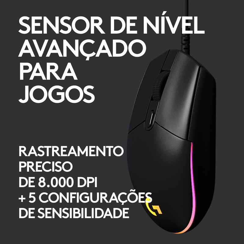 Mouse Gamer Logitech G203 LIGHTSYNC RGB, Efeito de Ondas de Cores, 6 Botões Programáveis e Até 8.000 DPI - Lilás