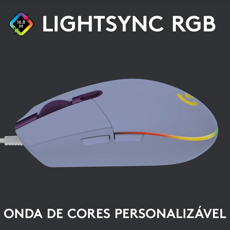 Mouse Gamer Logitech G203 LIGHTSYNC RGB, Efeito de Ondas de Cores, 6 Botões Programáveis e Até 8.000 DPI - Lilás