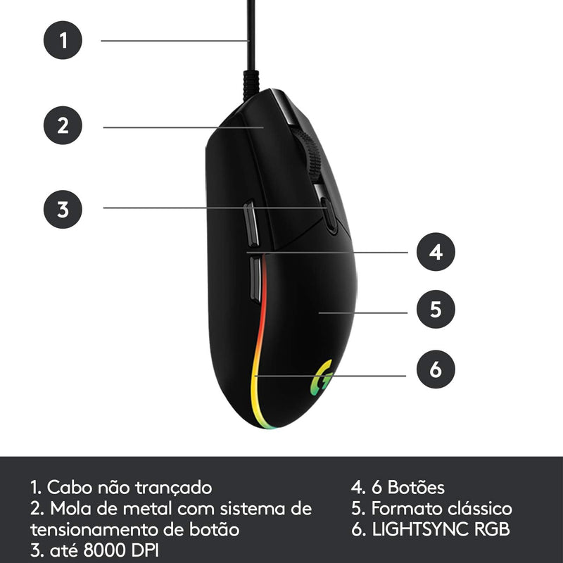 Mouse Gamer Logitech G203 LIGHTSYNC RGB, Efeito de Ondas de Cores, 6 Botões Programáveis e Até 8.000 DPI - Lilás