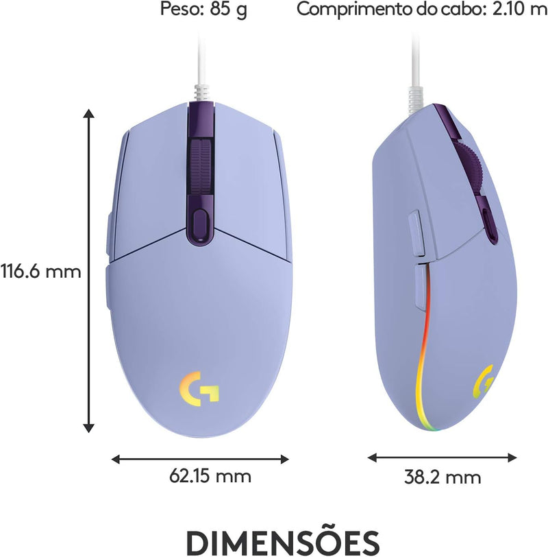 Mouse Gamer Logitech G203 LIGHTSYNC RGB, Efeito de Ondas de Cores, 6 Botões Programáveis e Até 8.000 DPI - Lilás