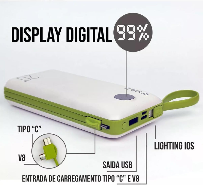 Power Bank Carregador Portátil 20.000mAh Digital compatível com iPhone, Samsung, Motorola, Nokia, Asus e Xiaomi Universal Celular Power Bank 3em1-Vende Mais (Preto/Vermelho)