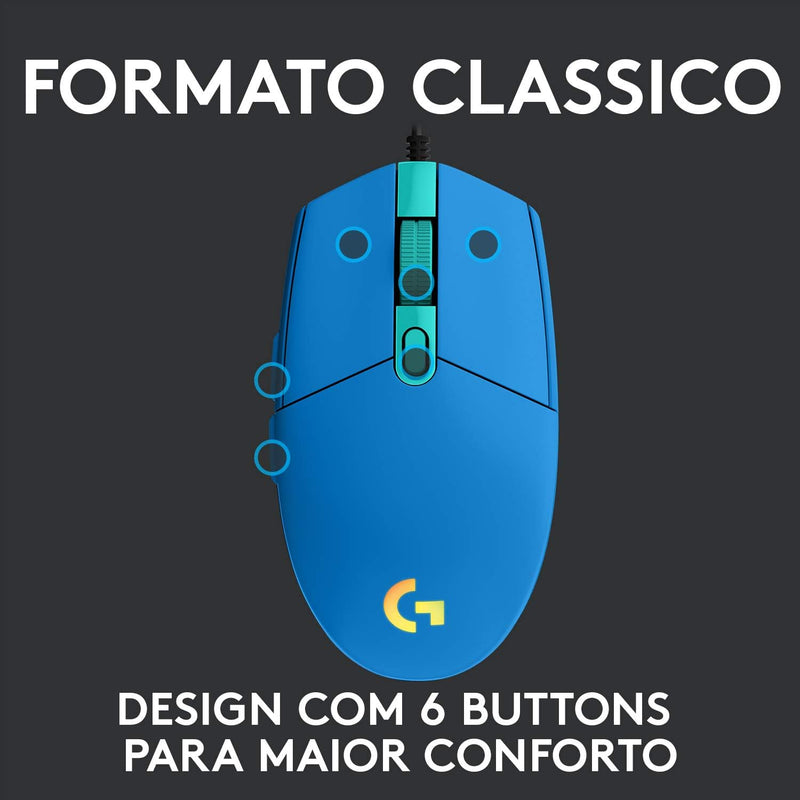 Mouse Gamer Logitech G203 LIGHTSYNC RGB, Efeito de Ondas de Cores, 6 Botões Programáveis e Até 8.000 DPI - Lilás