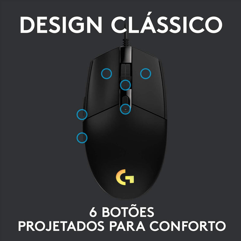 Mouse Gamer Logitech G203 LIGHTSYNC RGB, Efeito de Ondas de Cores, 6 Botões Programáveis e Até 8.000 DPI - Lilás