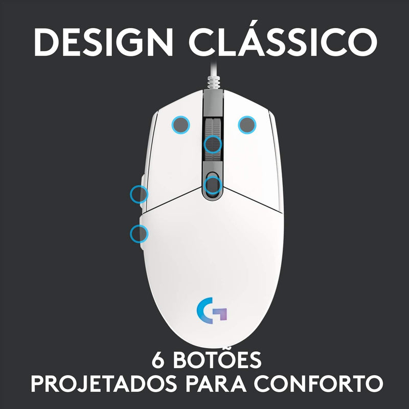 Mouse Gamer Logitech G203 LIGHTSYNC RGB, Efeito de Ondas de Cores, 6 Botões Programáveis e Até 8.000 DPI - Lilás