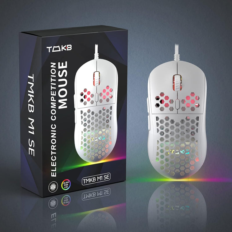 Mouse Gamer TMKB Falcon M1SE Ultraleve Honeycomb, sensor óptico de 12800DPI de alta precisão, 6 botões programáveis, RGB personalizável, mouse ergonômico para jogos com fio - branco fosco