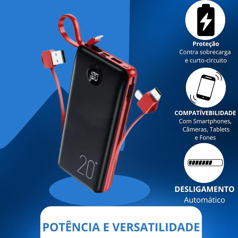 Power Bank Carregador Portátil 20.000mAh Digital compatível com iPhone, Samsung, Motorola, Nokia, Asus e Xiaomi Universal Celular Power Bank 3em1-Vende Mais (Preto/Vermelho)