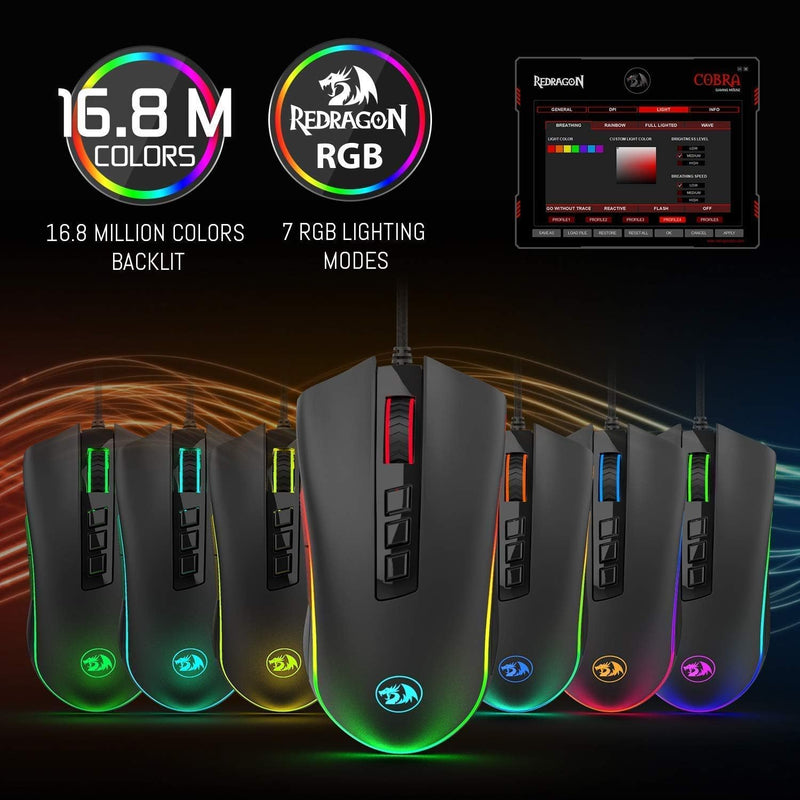 Mouse Gamer Redragon Cobra, Chroma RGB, 10000DPI, 7 Botões, Preto