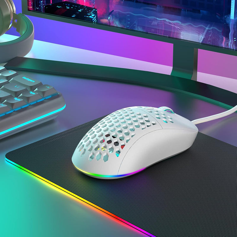 Mouse Gamer TMKB Falcon M1SE Ultraleve Honeycomb, sensor óptico de 12800DPI de alta precisão, 6 botões programáveis, RGB personalizável, mouse ergonômico para jogos com fio - branco fosco