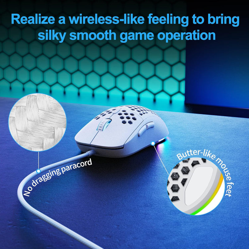 Mouse Gamer TMKB Falcon M1SE Ultraleve Honeycomb, sensor óptico de 12800DPI de alta precisão, 6 botões programáveis, RGB personalizável, mouse ergonômico para jogos com fio - branco fosco