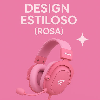 Headset Gamer Havit Rosa + Bônus de MousePad Rosa e Mouse Gamer Rosa