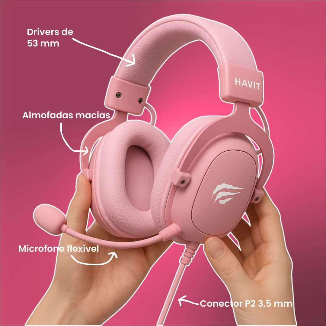 Headset Gamer Havit Rosa + Bônus de MousePad Rosa e Mouse Gamer Rosa
