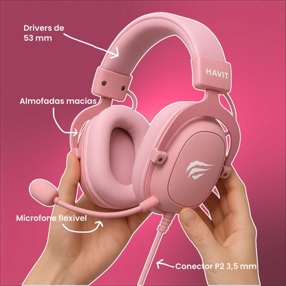 Headset Gamer Havit Rosa + Bônus de MousePad Rosa e Mouse Gamer Rosa