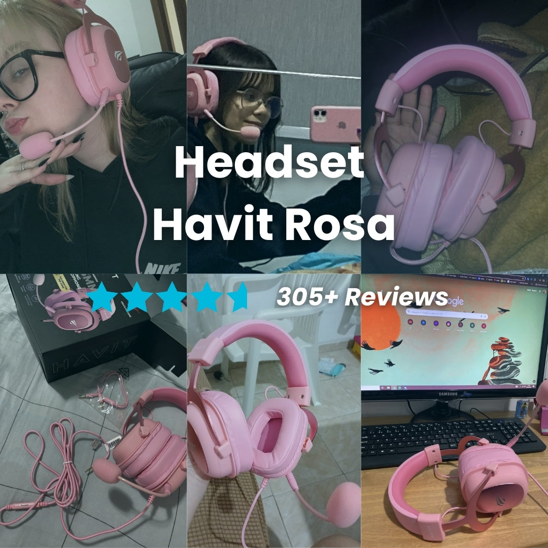 Headset Gamer Havit Rosa + Bônus de MousePad Rosa e Mouse Gamer Rosa